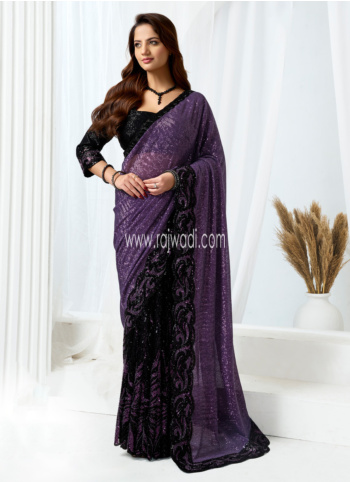 Purple And Black Embroidered Net Saree