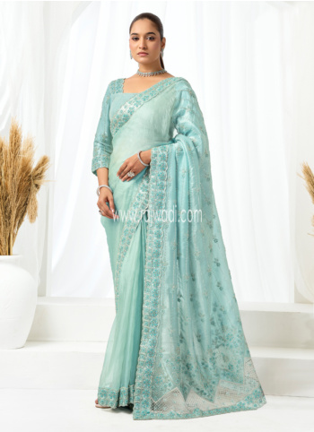 Sea Green Embroidered Organza Satin Saree