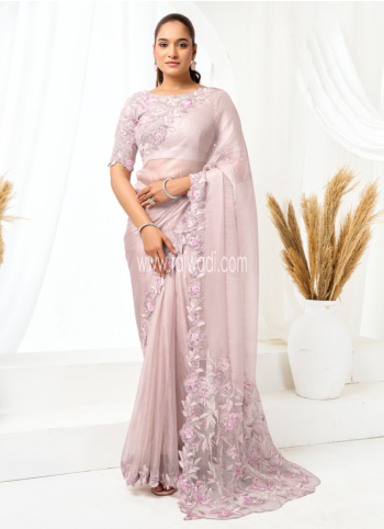 Dusty Rose Embroidered Organza Satin Saree