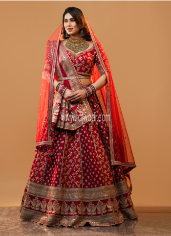 Stunning Red And Maroon Heavy Embroidered Raw Silk Lehenga Choli With Two Dupattas
