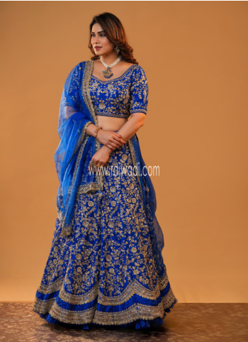 Royal Blue Embroidered Raw Silk Lehenga Choli
