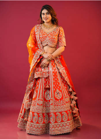 Orange Embroidered Raw Silk Bridel Lehenga Choli