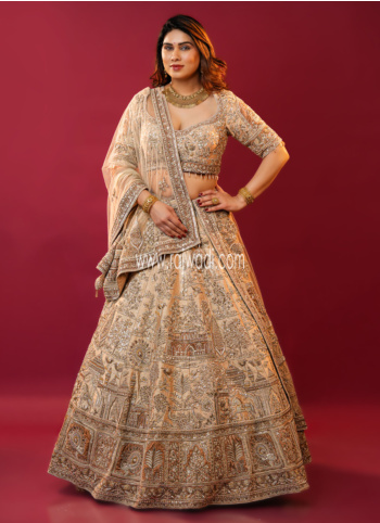 Gorgeous Beige Hand Embroidered Raw Silk Bridal Lehenga Choli