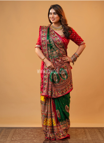 Red And Green Embroidered Gajji Silk Saree