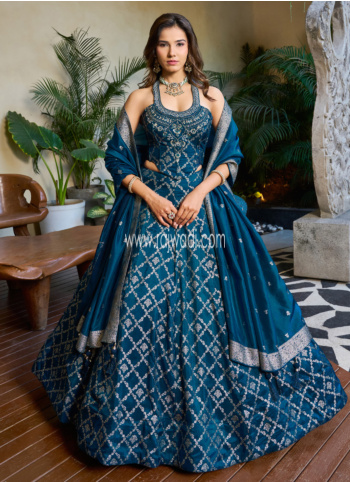 Teal Embroidered Banarasi Silk Lehenga Choli