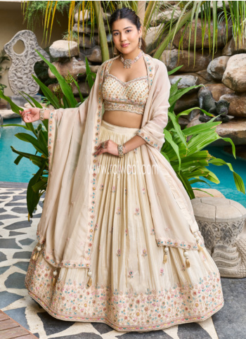 Cream Embroidered Silk Lehenga Choli