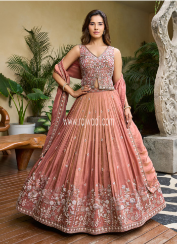 Peach Embroidered Lehenga Choli In Silk
