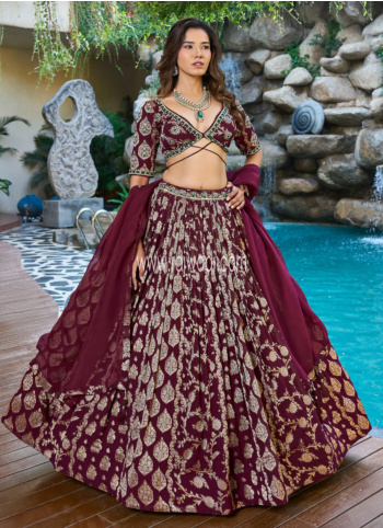 Wine Embroidered Georgette Lehenga Choli
