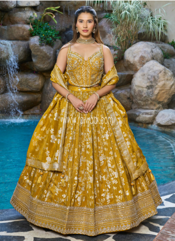 Mustard Yellow Embroidered Lehenga Choli In Banarasi Silk