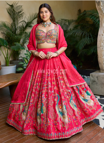 Hot Pink Embroidered Silk Lehenga Choli