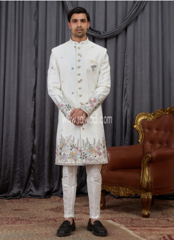 Off White Thread Embroidered Indowestern Set