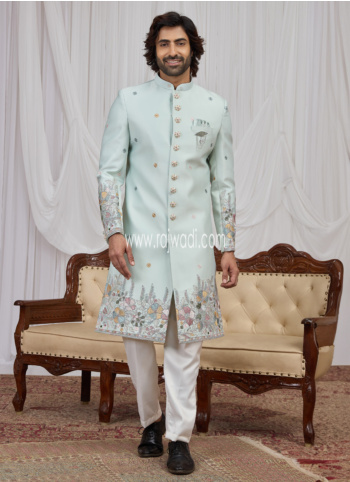 Thread Embroidered Light Sea Green IndoWestern Set