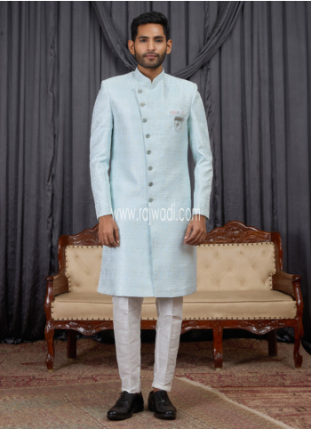 Wedding Wear Light Sky Blue Jacquard Silk Indowestern Set