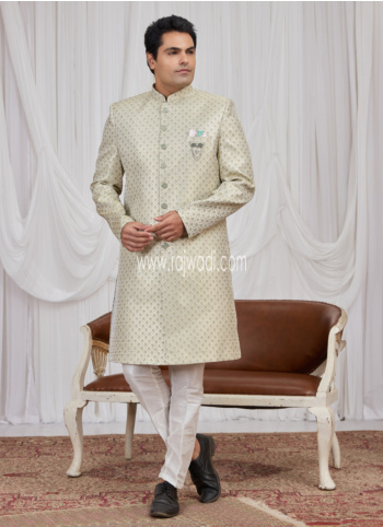 Light Pista Green Jacuqard Silk Indowestern Set