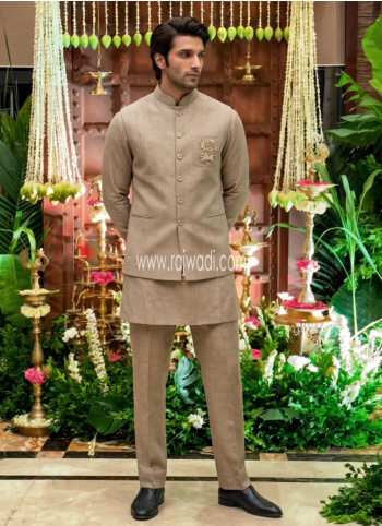 Linen Cotton Khaki Color Nehru Jacket Set For Men