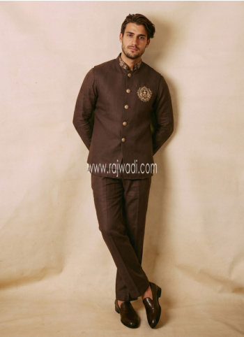 Festive Wear Brown Embroidered Nehru Jacket Set