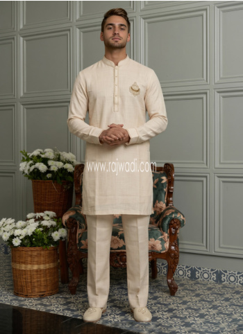 Cream Linen Cotton Kurta Pajama Set