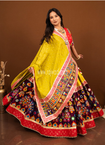Mustard Yellow And Magenta Embroidered Cotton Chaniya Choli