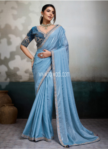 Sky Blue Color Organza Saree With Embroidered Border
