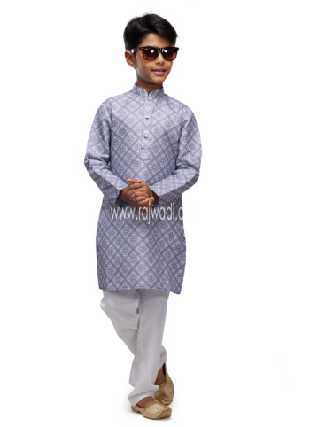 Grey Color Printed Kurta Pajama In Cotton Fabric