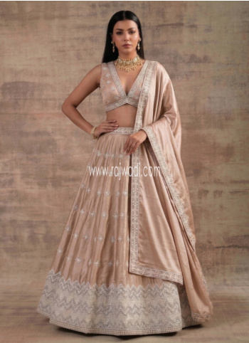 Dark Cream Embroidered Satin Silk Lehenga Choli