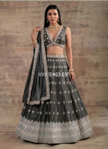 Dark Grey Embroidered Satin Silk Lehenga Choli