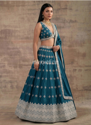 Peacock Blue Embroidered Satin Silk Lehenga Choli