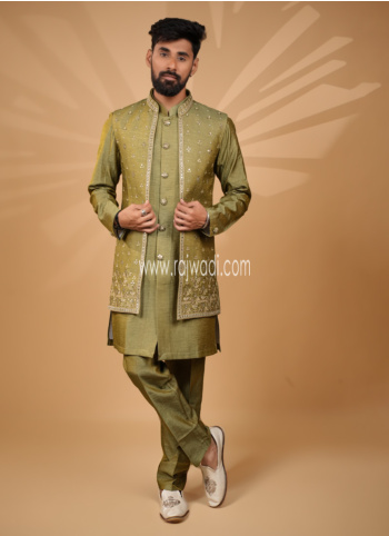 Stylish Mehndi Green Nehru Jacket Set For Festive
