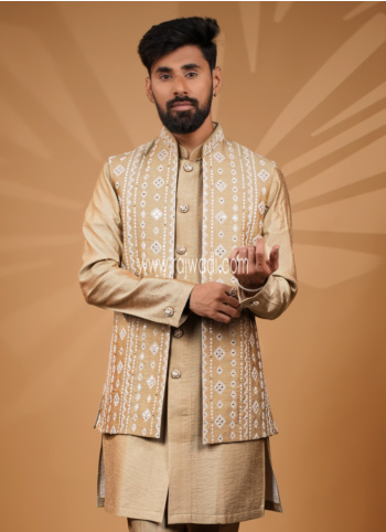 Traditional Gold Art Silk Nehru Jacket Set