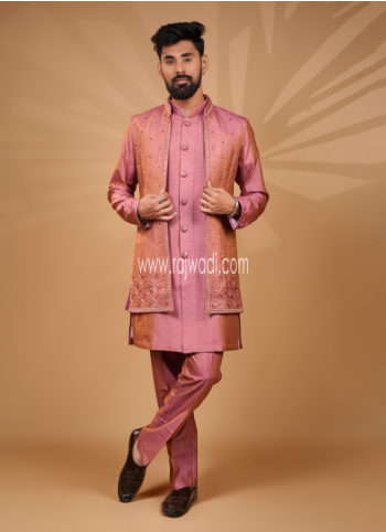 Gajari Pink Art Silk Nehru Jacket Set With Mirror Work