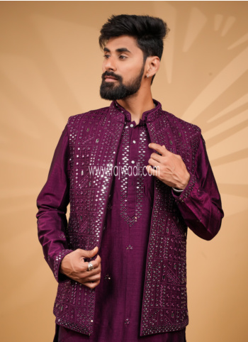 Mirror Embroidered Purple Art Silk Nehru Jacket Set