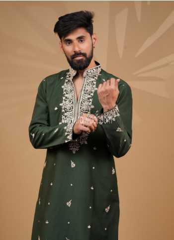 Thread Embroidered Art Silk Mehndi Green Nehru Jacket Set