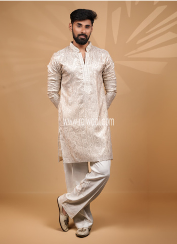 Cream Sequins Embroidered Silk Kurta Pajama