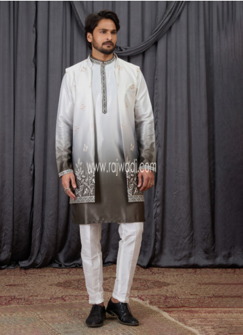 Green And White Shaded Embroidered Art Silk Nehru Jacket Set