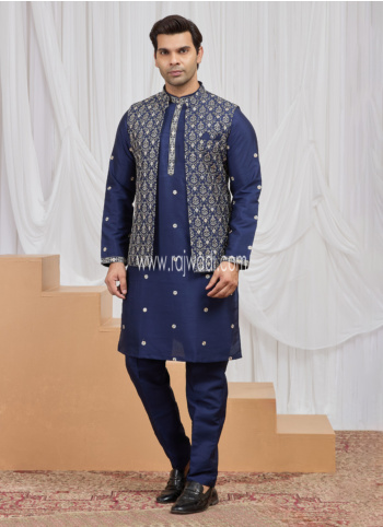 Blue Embroidered Art Silk Nehru Jacket Set