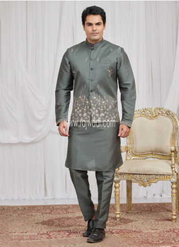 Green Embroidered Art Silk Nehru Jacket Set