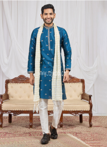 Stylish Teal Blue Embroidered Art Silk Kurta Pajama Set With Dupatta