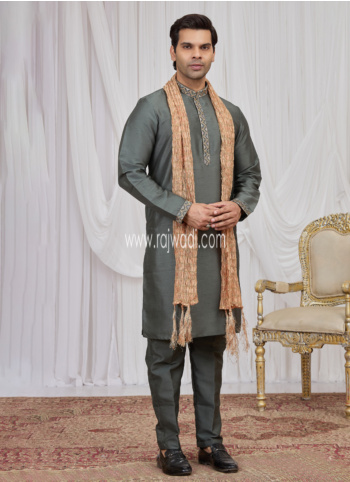 Festive Wear Green Art Silk Kurta Pajama Set With Dupatta