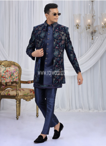 Navy Blue Embroidered Velvet And Art Silk Indowestern Set