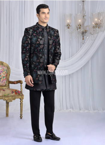 Black Embroidered Velvet And Art Silk Indowestern Set