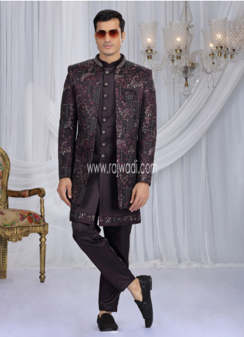 Wine Embroidered Art Silk Indowestern Set