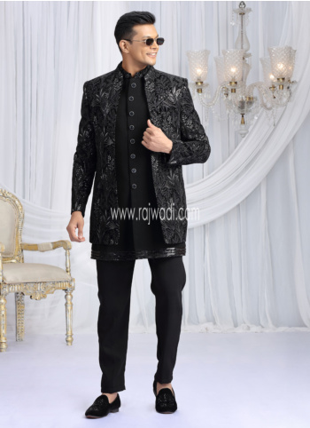 Black Embroidered Velvet And Art Silk Indowestern Set