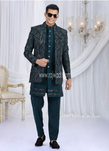 Teal Blue Embroidered Velvet And Art Silk Indowestern Set