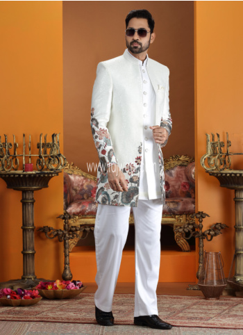 Designer Cream Embroidered Indowestern Set With Jacket