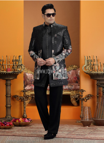 Black Art Silk Indowestern Set With Embroidered Jacket