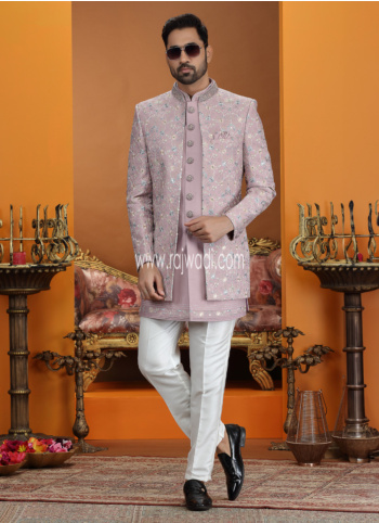 Stylish Onion Pink Indowestern Set With Embroidered Jacket For Wedding