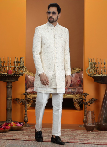 Cream Embroidered Art Silk Indowestern Set