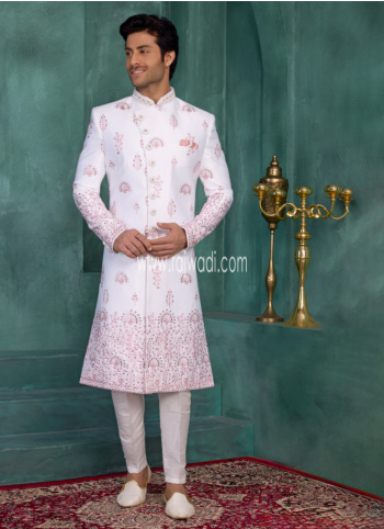 Off White Embroidered Art Silk Sherwani For Men