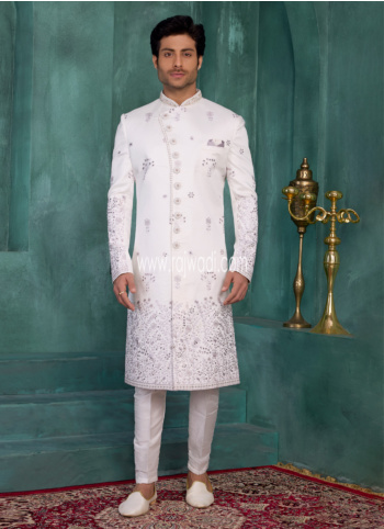 OffWhite Art Silk Thread Embroidered Sherwani For Groom