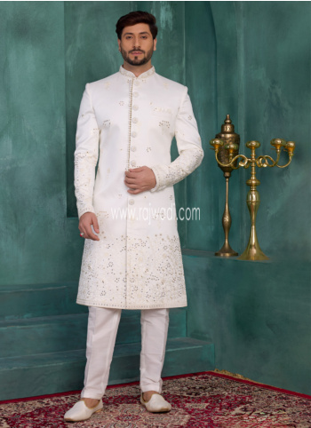Off White Art Silk Embroidered Sherwani For Men